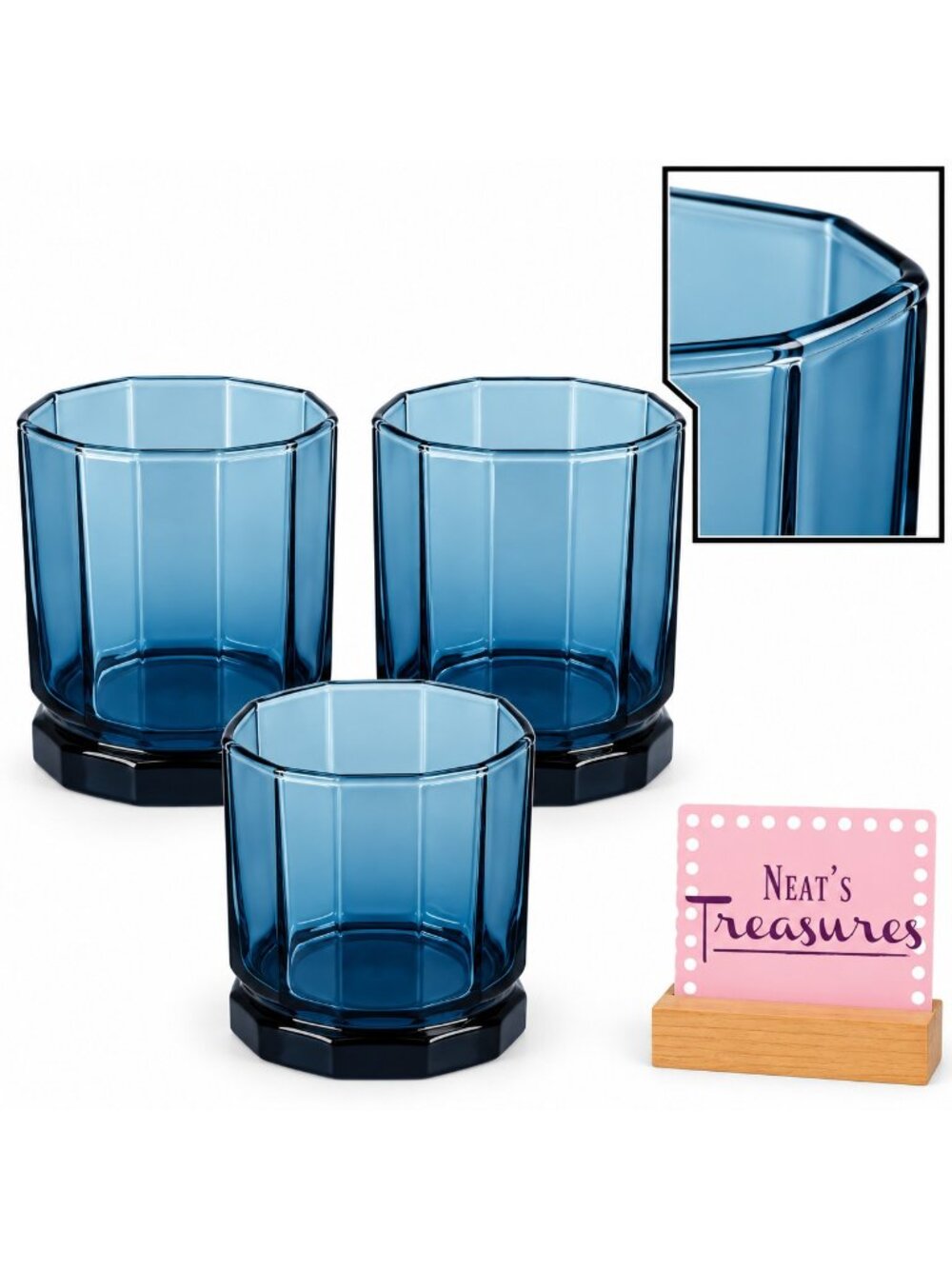 Anchor Hocking ESSEX COBALT BLUE 10 Panel Old Fashion Lowball Rock Glasses Set 3